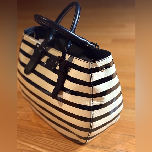 Kate Spade New York Black & Cream Striped Satchel Tote Bag w/ Dust - Picture 3 of 9